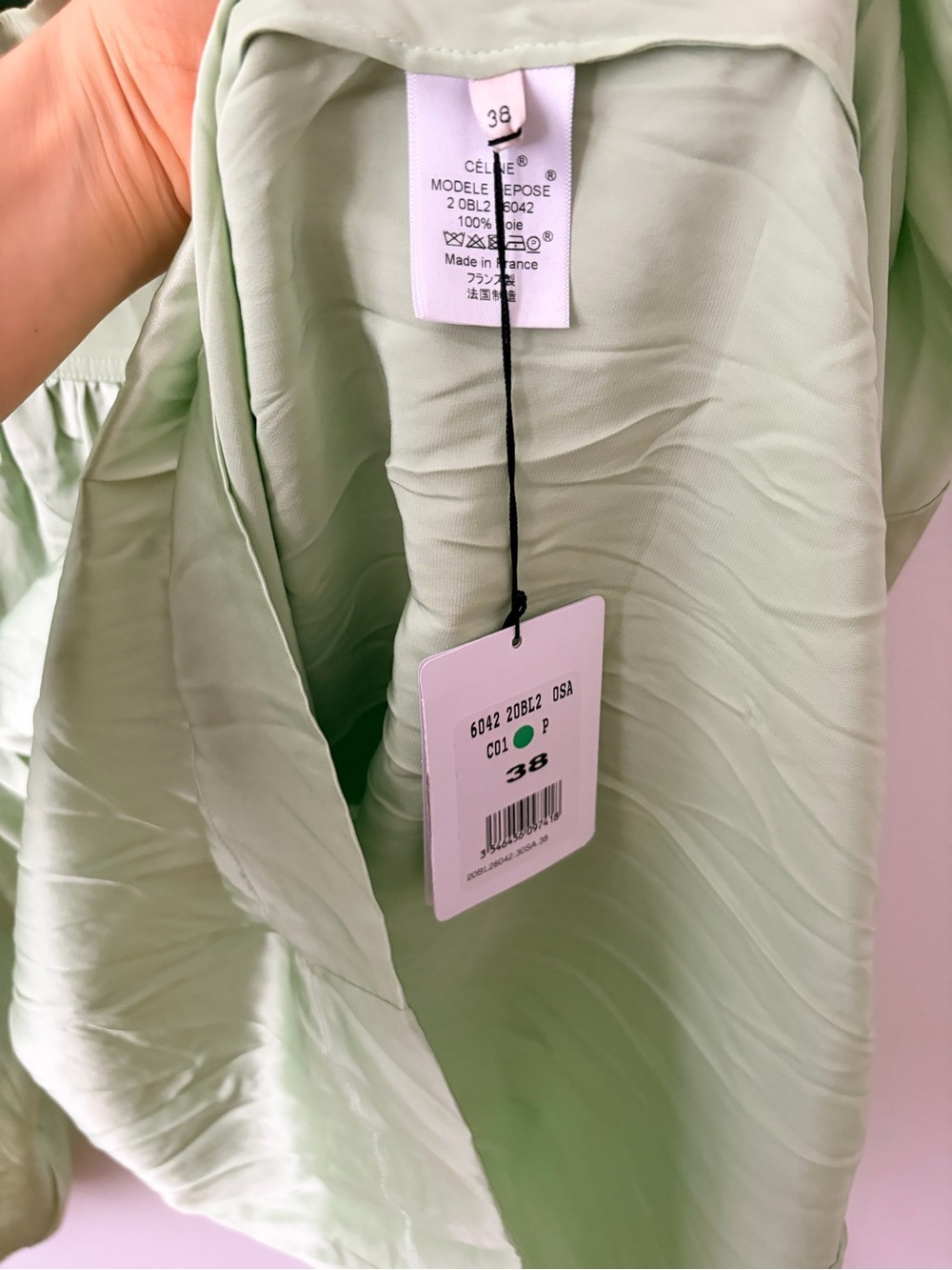 Celine Pale Green Gathered Silk Blouse - Picture 4 of 9